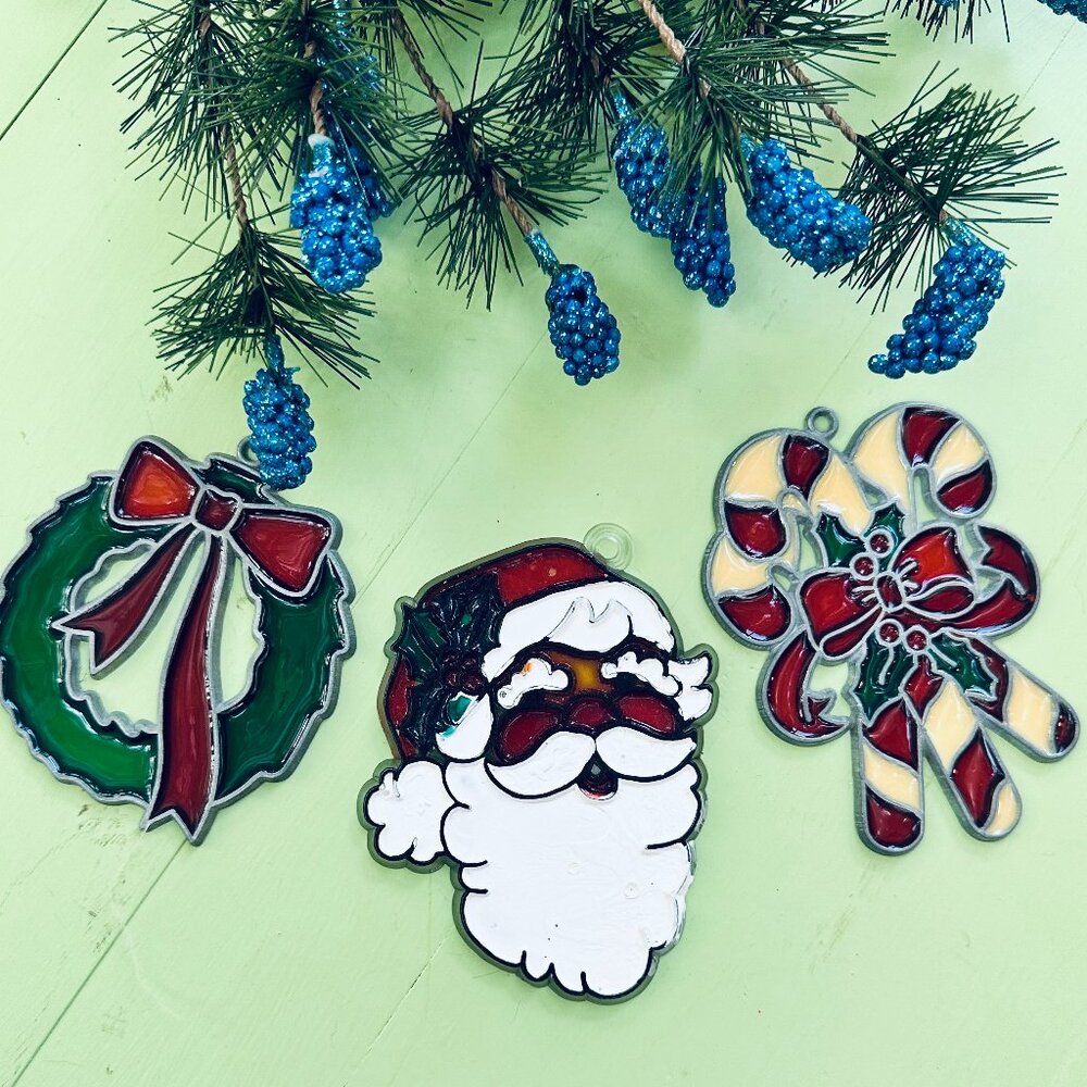 Vintage Stained Glass Christmas Ornaments Santa Wreath Candy Canes Vtg Xmas